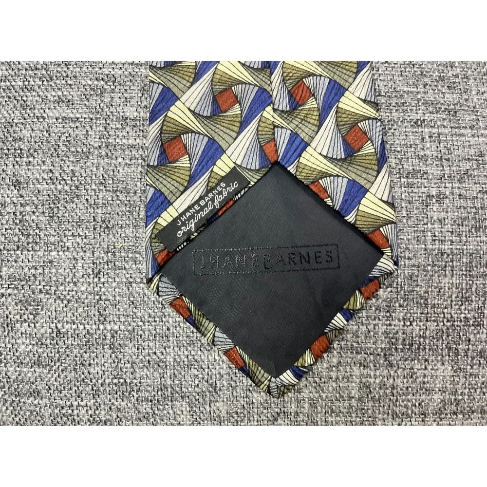 Jhane Barnes Mens Silk Tie Geometric Spiral Blue Tan Green Rust Made in Japan